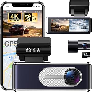 4K Dash Cam Front and Rear,with 64GB Card,Built in 5.8GHz WiFi & GPS Car Camera,Super 