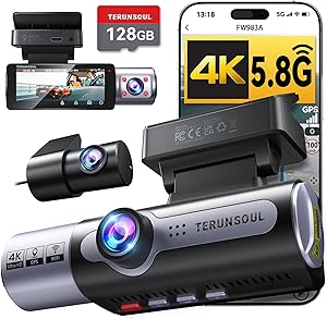 4K Dash Cam Front and Rear, Full HD 3 Channel Dashcam, Free 128GB Memory Card, Built-in 5.