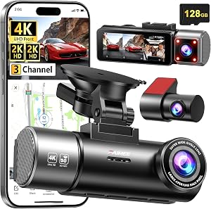 4K+2K+2K 3 Channel Dash Cam Front and Rear, 128GB Card Included, Dash Camera for Cars 5.8G