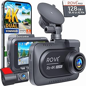 ROVE R2-4K DUAL Dash Cam Front and Rear, STARVIS 2 Sensor, FREE 128GB Card Included, 5G Wi